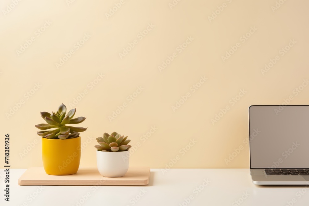 Minimalistic workspace with a modern laptop, smartphone, and potted succulent on a sleek desk
