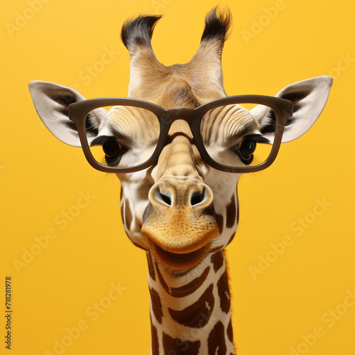 Giraffe with glasses on yellow background. © DALU11