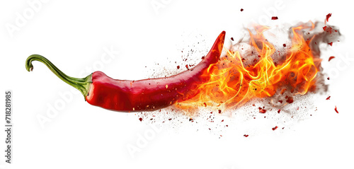 Red hot chili pepper on transparent background with flame