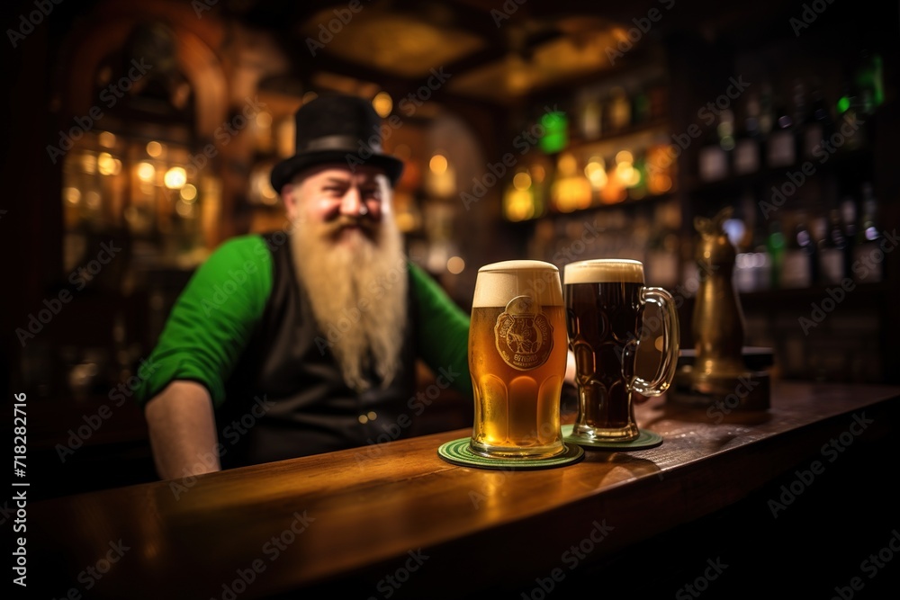 bearded man dressed in green drinking cherry at the pub bar celebrating St. Patrick's day