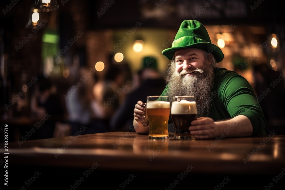 bearded man dressed in green drinking cherry at the pub bar celebrating St. Patrick's day - obrazy, fototapety, plakaty 