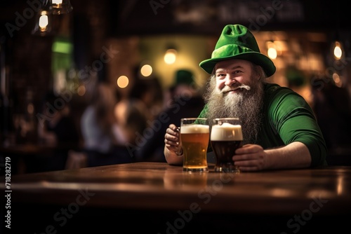 bearded man dressed in green drinking cherry at the pub bar celebrating St. Patrick's day