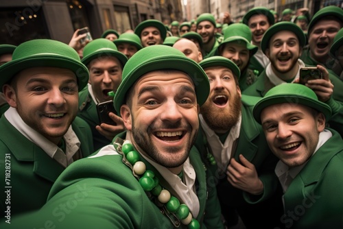 group of men dressed in green celebrating St. Patrick's Day in the street taking selfies of themselves
