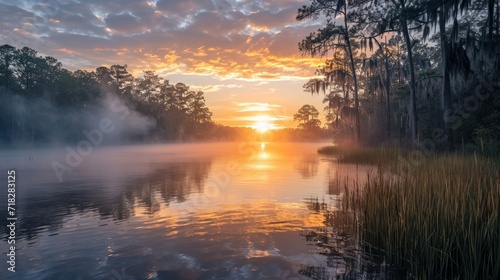 Misty Sunrise Over Bayou Landscape Generative AI