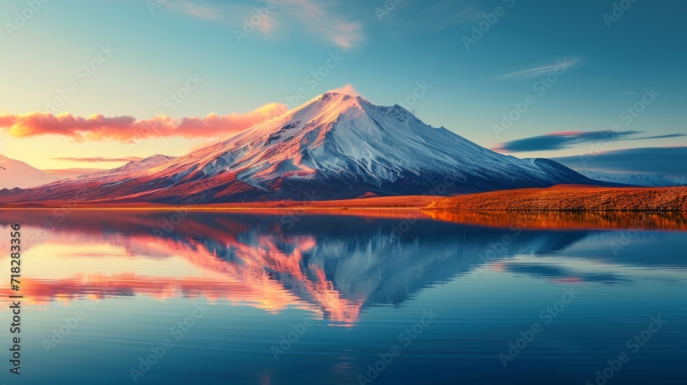 Morning Light on Volcanic Mountain Reflected in Calm Lake Waters Generative AI
