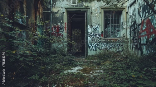 Abandoned industrial building with graffiti on the walls. Concept of urban decay. A stark portrayal of urban decay  featuring a dilapidated building adorned with graffiti