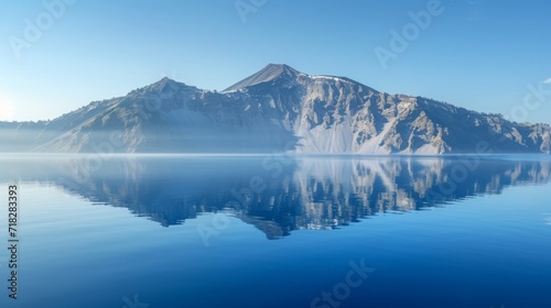 Morning Light on Volcanic Mountain Reflected in Calm Lake Waters Generative AI © AlexandraRooss