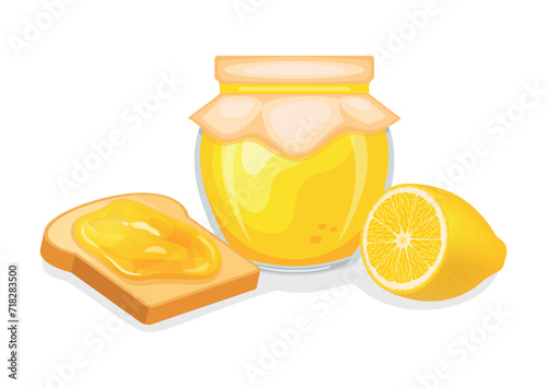 Toasted bread with lemon jam vector illustration. Toast and lemon curd breakfast still life vector. Jam jar with lemons and slice of bread icon isolated on a white background