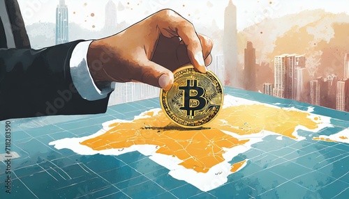 Mans hand puts bitcoin symbol on the map, office table