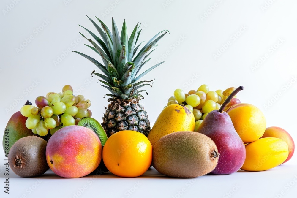 Assortment of vibrant tropical fruits, neatly arranged on a clean surface, in the style of light yellow and light orange
Assortment of vibrant tropical fruits, neatly arranged on a clean surface, in the style of light yellow and light orange