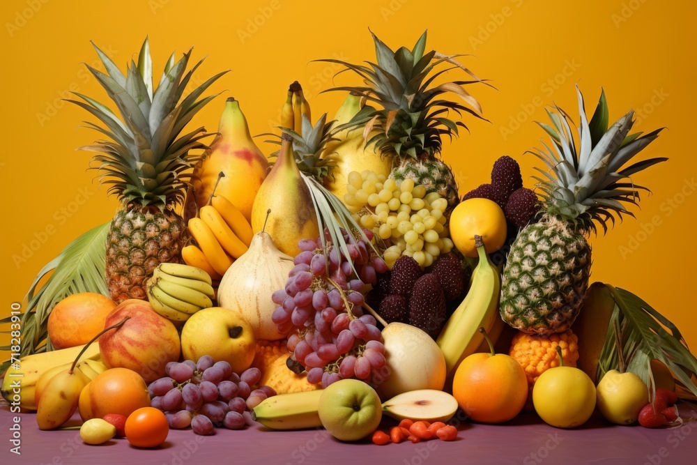 Assortment of vibrant tropical fruits, neatly arranged on a clean surface, in the style of light yellow and light orange
