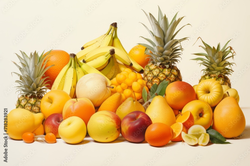 Assortment of vibrant tropical fruits, neatly arranged on a clean surface, in the style of light yellow and light orange
Assortment of vibrant tropical fruits, neatly arranged on a clean surface, in the style of light yellow and light orange