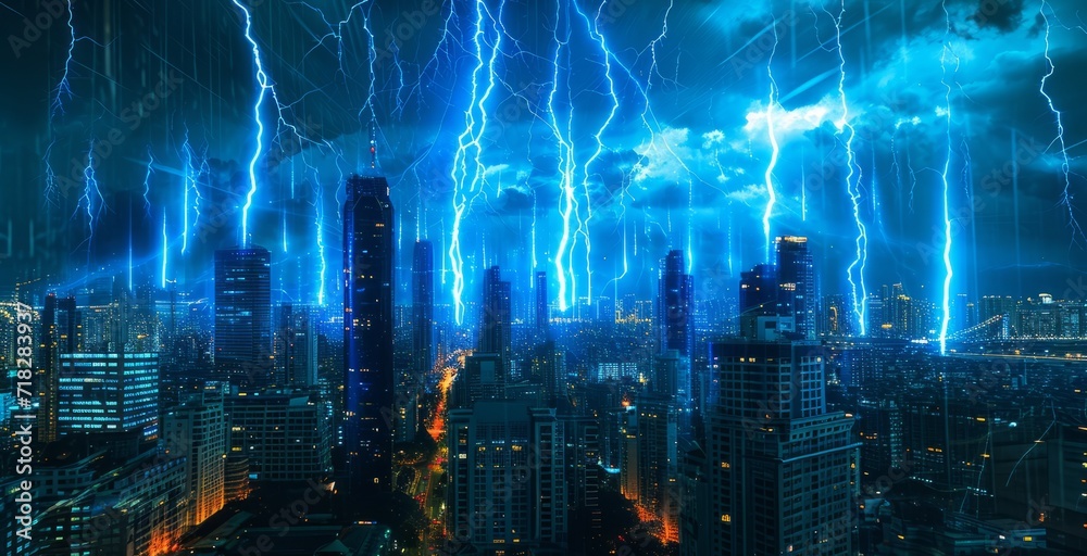 Futuristic lightning strikes in the city. Lighting strike in the city. A striking image of electric-blue streaks illuminating a city skyline, symbolizing the surge in electricity demand. 