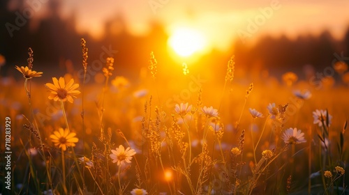 Tranquil Sunset Field Landscape with Yellow Flowers and Grass Meadow Generative AI
