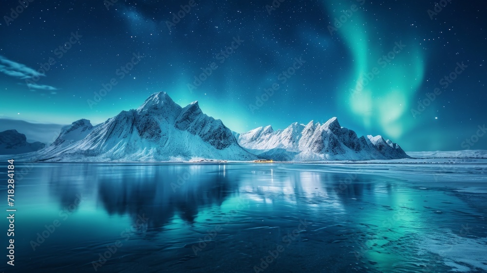 Starry Night Winter Landscape with Amazing Aurora Borealis in Lofoten Islands, Norway Generative AI