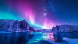 Starry Night Winter Landscape with Amazing Aurora Borealis in Lofoten Islands, Norway Generative AI