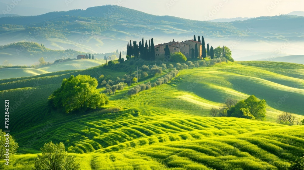 Idyllic Spring Landscape with Green Rolling Hills and Farm Houses in Tuscany Generative AI