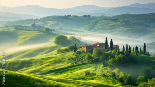 Idyllic Spring Landscape with Green Rolling Hills and Farm Houses in Tuscany Generative AI
