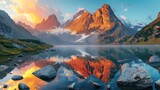 Majestic Mountain Landscape with Illuminated Peaks and Reflection in Mountain Lake Generative AI