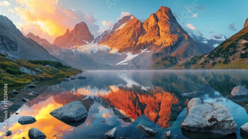 Majestic Mountain Landscape with Illuminated Peaks and Reflection in Mountain Lake Generative AI © AlexandraRooss