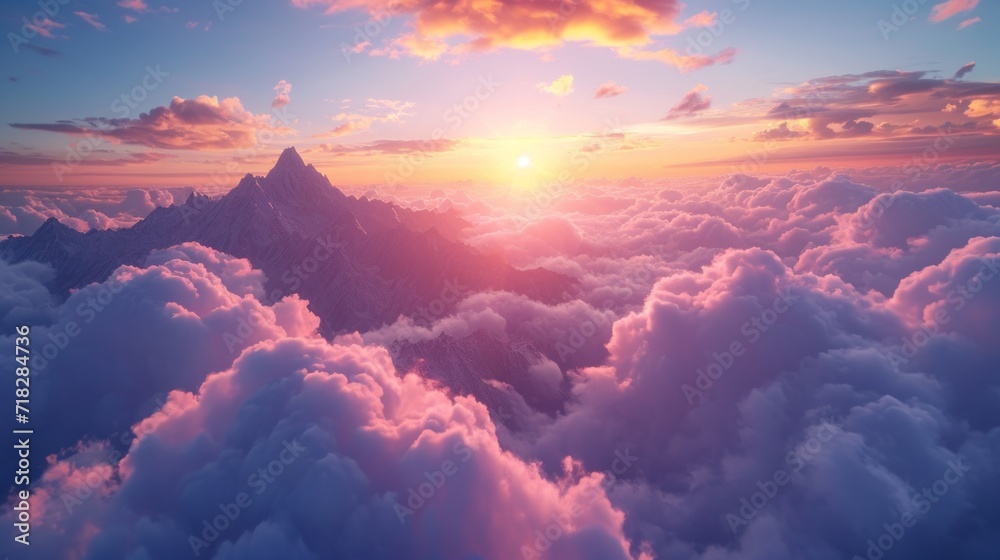 Panoramic Aerial Landscape of Mountain Peak at Sunset Above the Clouds Generative AI Panoramic Aerial Landscape of Mountain Peak at Sunset Above the Clouds Generative AI