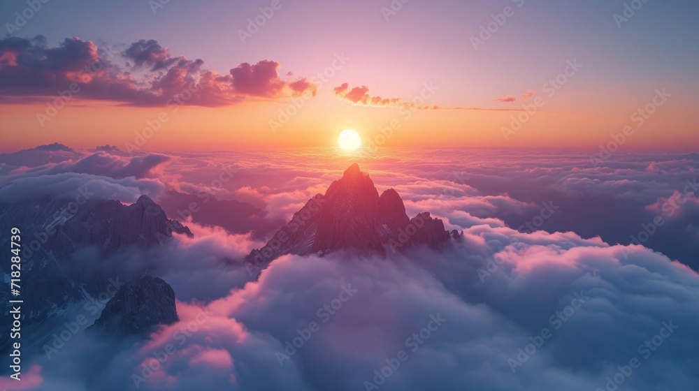 Panoramic Aerial Landscape of Mountain Peak at Sunset Above the Clouds Generative AI