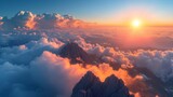 Panoramic Aerial Landscape of Mountain Peak at Sunset Above the Clouds Generative AI Generative AI