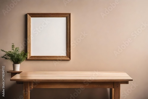 Minimalistic Beige Wall with Empty Frame, Table, and Window