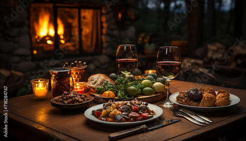 Rustic table, candlelight, wineglass, gourmet meal, fresh autumn vegetables generated by AI © Jemastock