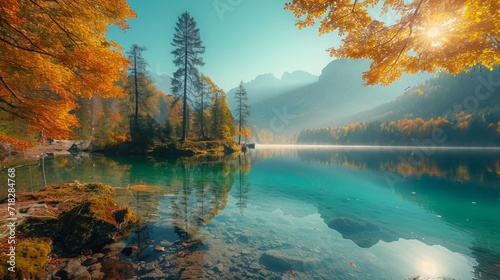 Serene Autumn Sunrise Scene with Trees and Turquoise Water of Hintersee Lake Generative AI