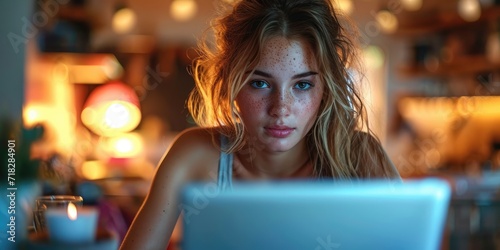 Young woman is working on a laptop after an intense workout
