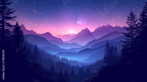 Mystical Blue and Purple Landscape with Silhouettes of Mountains, Hills, Forest, and Stars in the Sky Generative AI