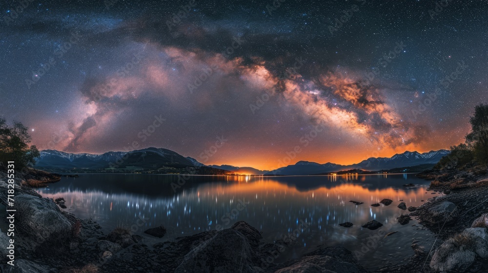 Stunning Panoramic View of Bright Milky Way over Lake at Night Generative AI