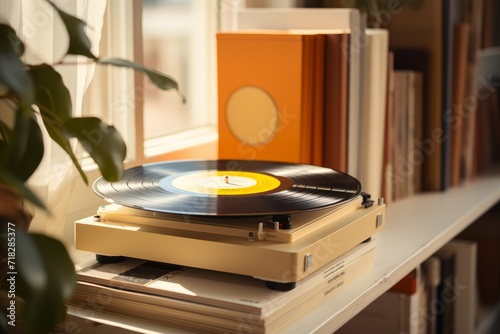 A collection of vintage vinyl records arranged in a stack with a retro record player and headphones on a wooden table 