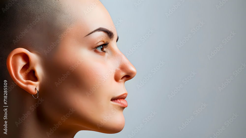 A young woman with a shaved head. Concept of fighting cancer. Space for text
A young woman with a shaved head. Concept of fighting cancer. Space for text