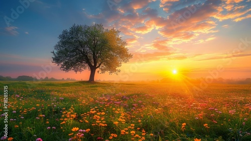 Vibrant Spring Sunrise on Meadow Generative AI