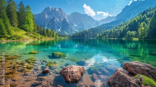 Colorful Summer View of Fusine Lake with Mangart Peak in the Julian Alps Generative AI