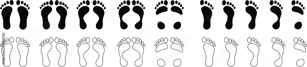 Human footprints icon set. Foot imprint, footsteps flat line black vector collection isolated on transparent background. Human footprints silhouette. Barefoot, sneaker and footstep for web and app. Human footprints icon set. Foot imprint, footsteps flat line black vector collection isolated on transparent background. Human footprints silhouette. Barefoot, sneaker and footstep for web and app.