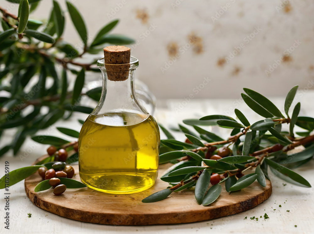Healthy Mediterranean food extra virgin olive oil and olive branch in bottle on white podium light green background Healthy Mediterranean food extra virgin olive oil and olive branch in bottle on white podium light green background
