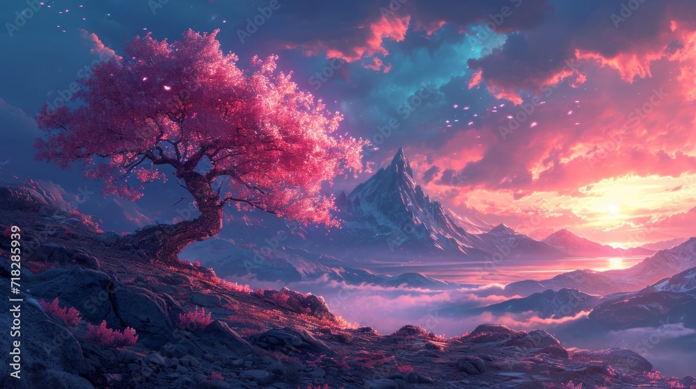 Enchanting Landscape with a Dreamy Pink and Blue Fantasy Tree Generative AI