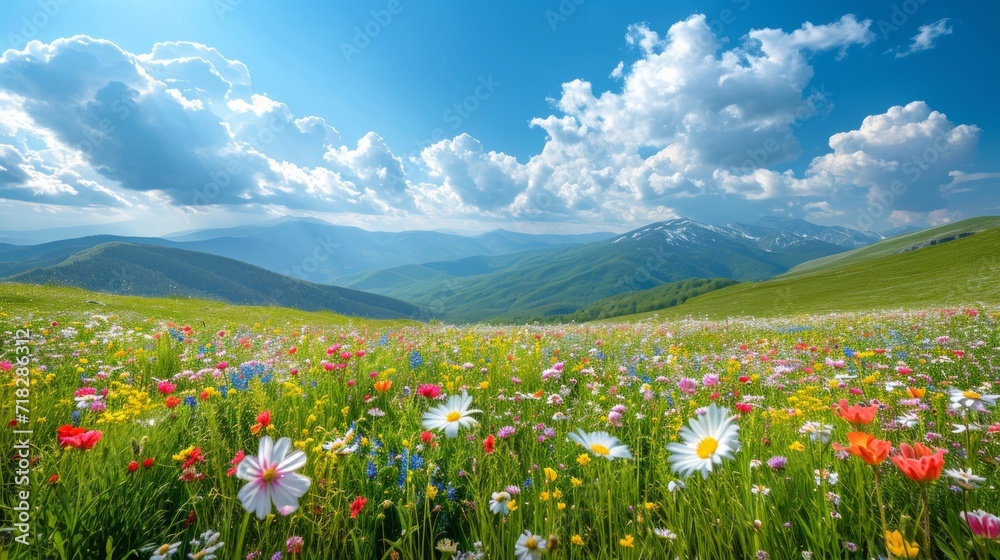 Idyllic Mountain Landscape with Fresh Green Meadows and Blooming Wildflowers Generative AI Idyllic Mountain Landscape with Fresh Green Meadows and Blooming Wildflowers Generative AI