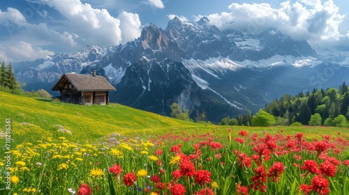 Idyllic Mountain Scenery in the Alps with Blooming Meadows in Springtime Generative AI