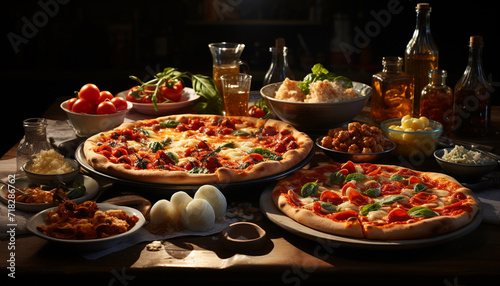 Freshly baked homemade pizza on rustic wooden table, ready to eat generated by AI