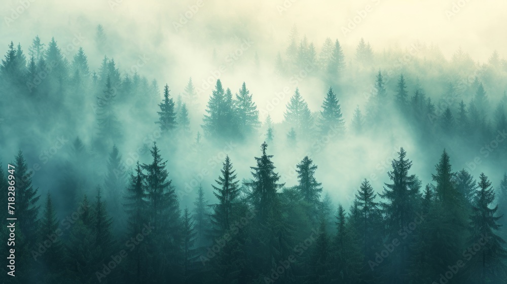 Fototapeta premium Misty Fir Forest in Vintage Retro Style Generative AI