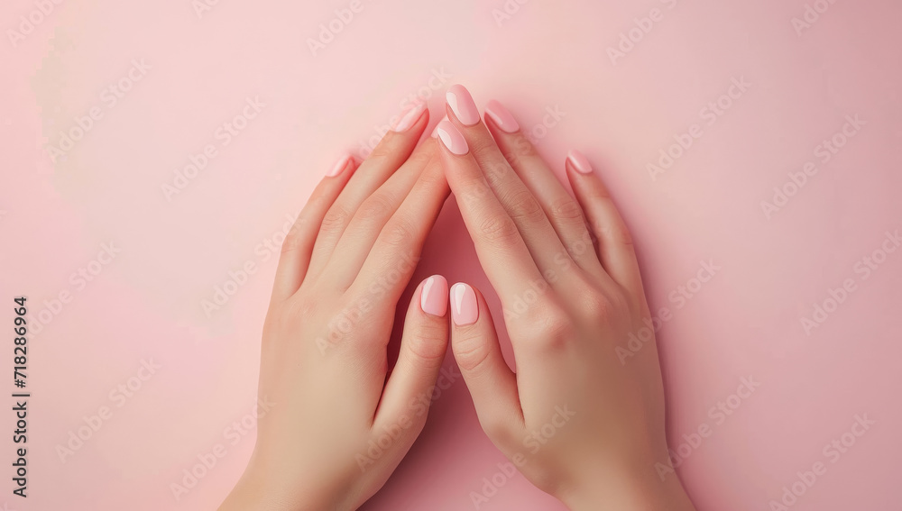 manos tocándose por sus pulgares y dedos indice 
y medio mostrando las uñas pintadas en rosa pastel, posadas sobre superficie de mismo color - obrazy, fototapety, plakaty 