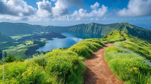 Scenic Hiking Trail with Beautiful Lakes in Ponta Delgada, Azores, Portugal Generative AI photo