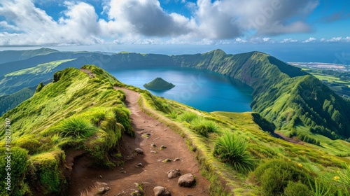 Scenic Hiking Trail with Beautiful Lakes in Ponta Delgada, Azores, Portugal Generative AI photo