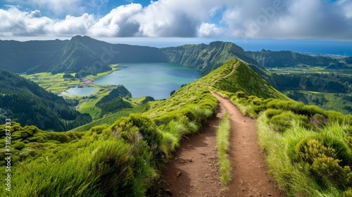 Scenic Hiking Trail with Beautiful Lakes in Ponta Delgada, Azores, Portugal Generative AI photo