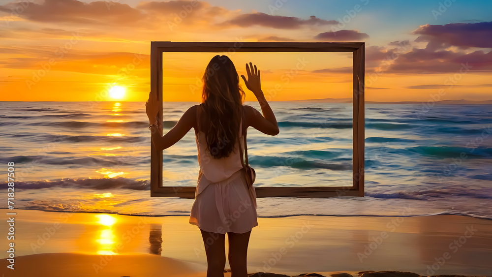 Fototapeta premium woman on the beach at sunset