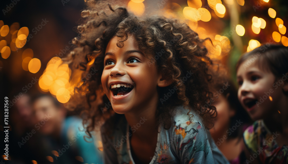 Smiling girls enjoy cheerful Christmas night, playful laughter, illuminated tree generated by AI Smiling girls enjoy cheerful Christmas night, playful laughter, illuminated tree generated by AI